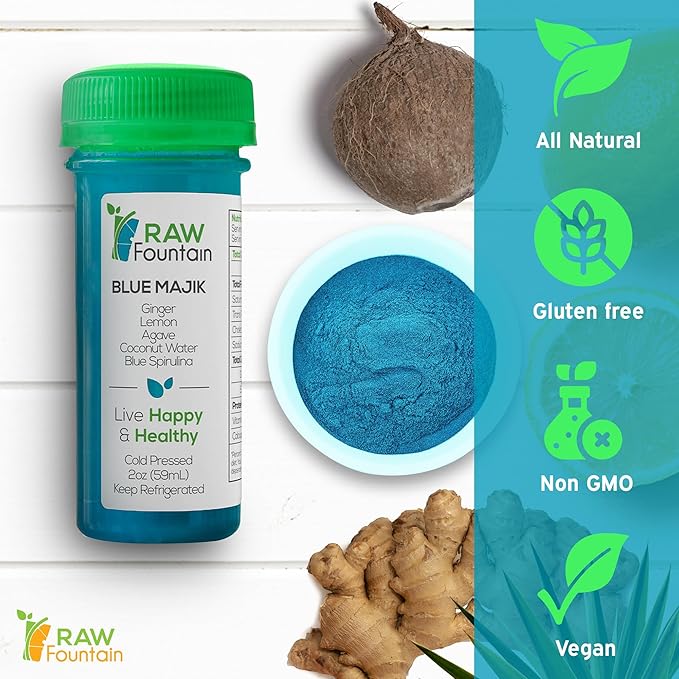20 Immunity Shots w/Blue Spirulina Agave Lemon Ginger 2fl Oz Packed w/Vitamin C Raw Cold Pressed Unpasteurized Boosts Immunity All Natural No Artificial Flavors or Preservatives