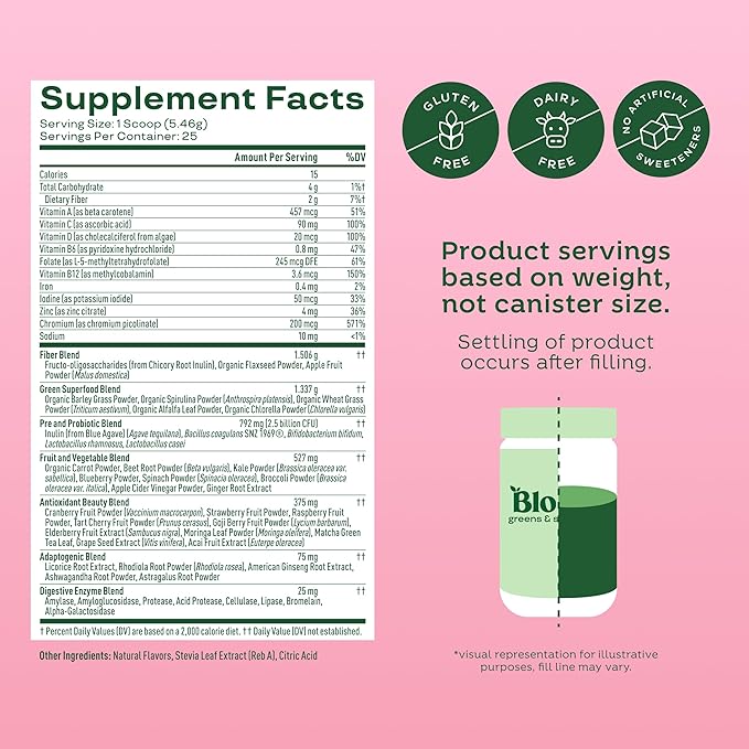 Bloom Nutrition Superfood Greens Powder Digestive Enzymes with Probiotics and Prebiotics Gut Health Bloating Relief for Women Chlorella Green Juice Mix with Beet Root Powder 25 SVG Berry