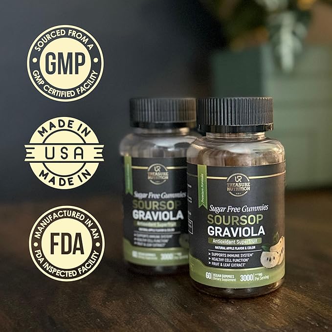 Soursop Leaves &amp Soursop Fruit Gummies - Sugar Free Soursop Graviola Gummies - 3000mg Soursop Extract - 3 Pack Graviola Supplement - Soursop Fruit and Leaf - 60ct - Non-GMO – Vegan Friendly