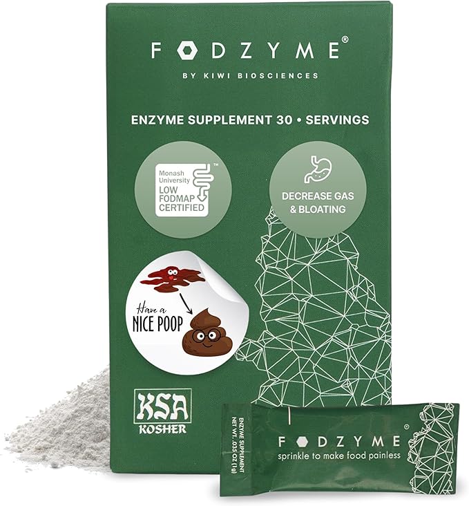 FODZYME® On-The-Go Digestive Enzymes for Gut Health Relief for Bloating Gas Constipation Diarrhea Abdominal Pain Low FODMAP 30 Dose