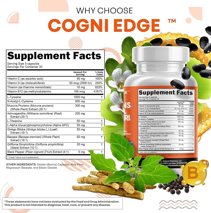 Clean Nutraceuticals L Tyrosine Mucuna Pruriens Bacopa Monnieri Ashwagandha Focus Supplement w/N-Acetyl Cysteine NAC 5-HTP Ginkgo Biloba Alpha GPC Vitamin C D B1 B12
