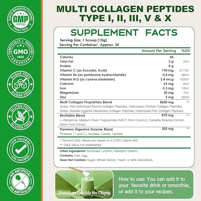 NATURE TARGET Multi-Collagen-Peptides-Powder - Hydrolyzed Collagen with Energy Blend + Multivitamin &amp Minerals Supports Energy Skin Hair Nail &amp Joint Non-GMO 35 Servings