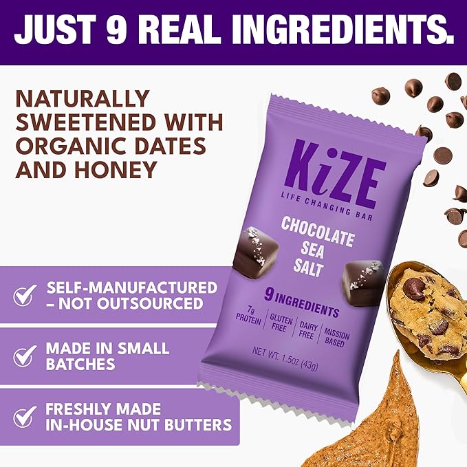 KiZE Energy Bars - Chocolate Sea Salt - Gluten Free Dairy Free Non-GMO and High Protein Meal Replacement Energy Bars Meal Bas Clean &amp Simple Food Ingredients - 7g High Protein Snacks (10 Cou