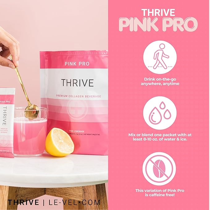 Thrive Premium Collagen Powder Drink - Pink Lemonade - Type I and III Collagen Hyaluronic Acid Biotin Vitamin C (16 Stick Packets Pink Lemonade - No Caffeine)