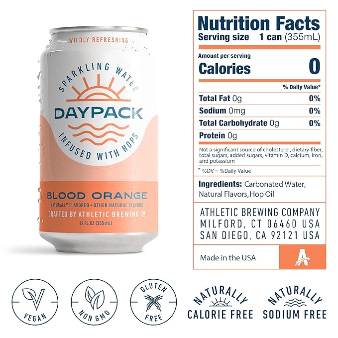 Athletic Brewing Company Daypack Sparkling Water Infused With Hops Gluten Free &amp Vegan Soda Water Zero Calorie Natural Flavors Blood Orange 12 Pack 12 FL Oz Cans