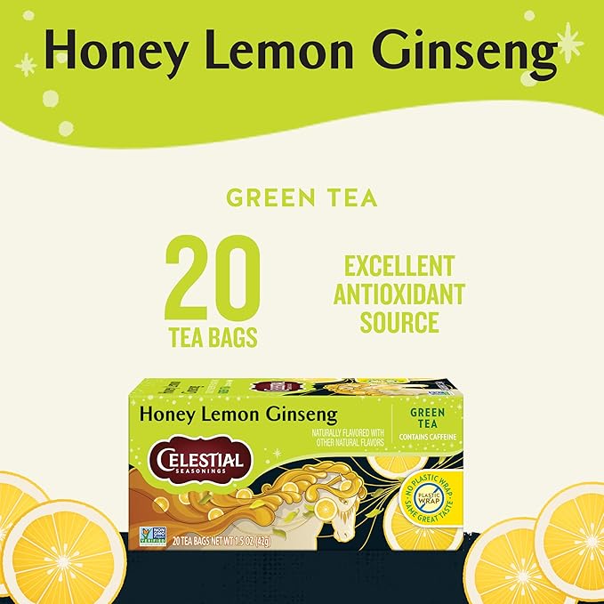 Celestial Seasonings Honey Lemon Ginseng Green Tea Caffeinated 20 Tea Bags Box (Pack of 6)