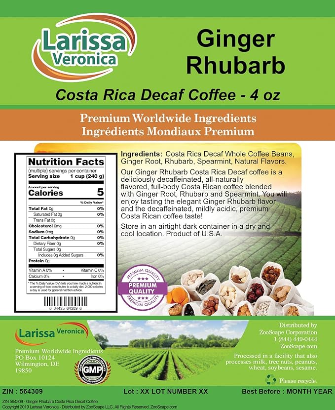 Ginger Rhubarb Costa Rica Decaf Coffee (Gourmet Naturally Flavored Whole Coffee Beans) (4 oz ZIN: 564309) - 3 Pack