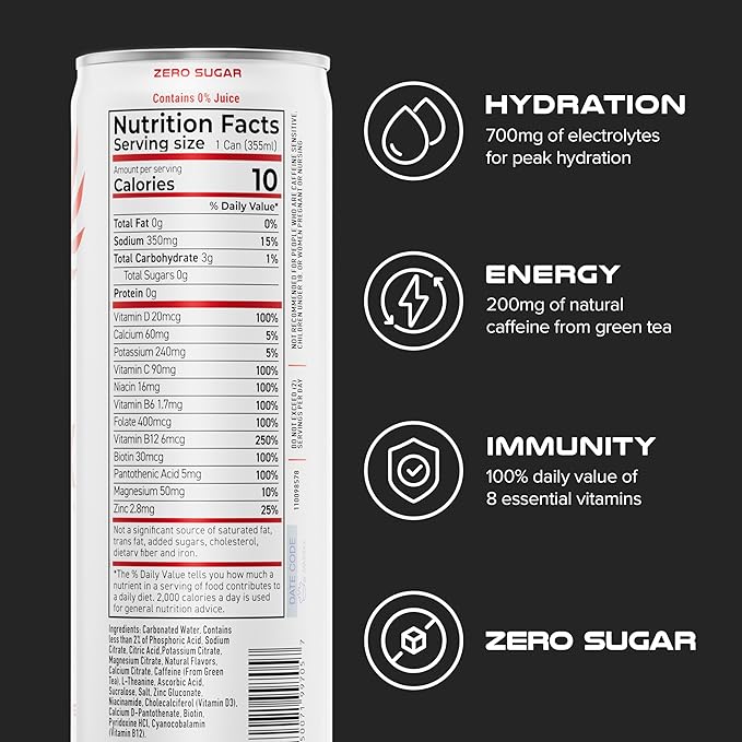 PHX Hydration Energy Drink - 700mg Electrolytes 200mg Natural Green Tea Caffeine 100% Daily Value 8 Essential Vitamins - 12 oz Cans (12 Pack) (12 Pack Watermelon Lime)