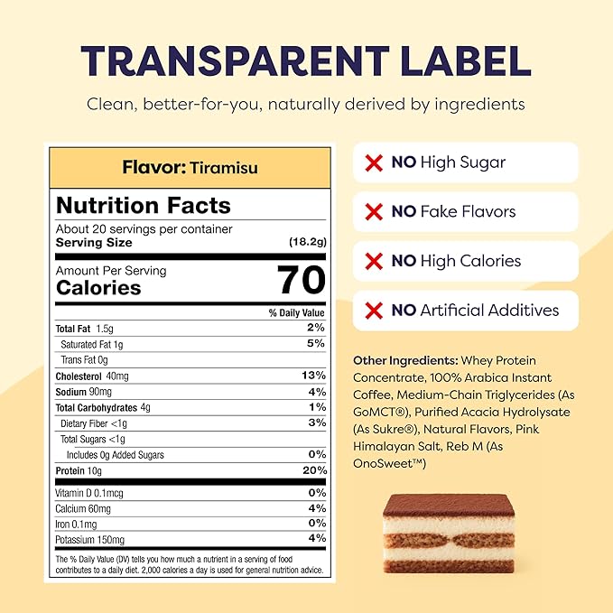 Tiramisu Protein Iced Coffee - Premium Whey Protein &amp Instant Iced Coffees - 100% Natural Cold Brew- Zero Artificial Flavors &amp Sweeteners 80 mg Caffeine Per Serving No Added Sugar 20 Servin