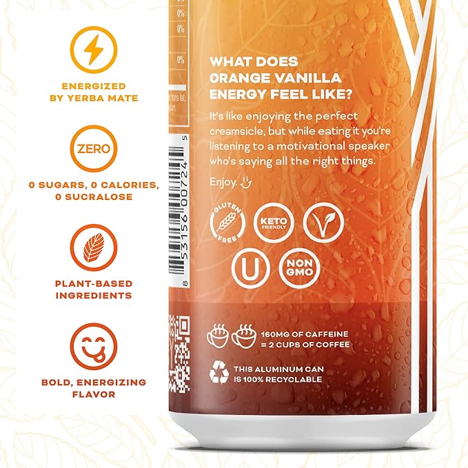 Yerbae Sparkling Water – Orange Vanilla Flavored Seltzer with Caffeine Antioxidants Yerba Mate Natural Energy Drink – 12 Pack of 16oz Cans – Zero Sugar No Calories Non-GMO