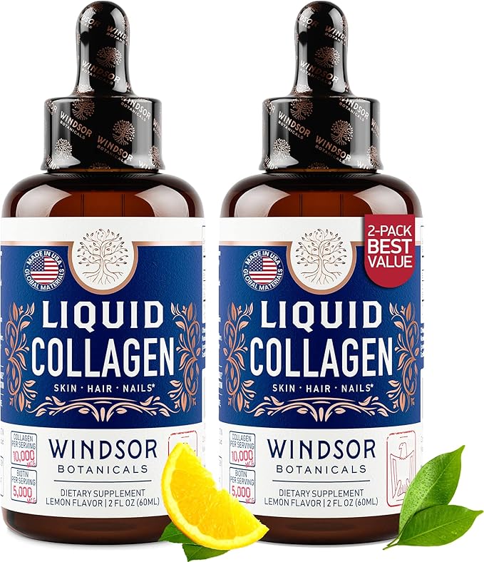 WINDSOR BOTANICALS 2p Liquid Collagen Hair Skin and Nails Vitamins and Cortisol Blocker - Beauty and Wellness Bundle