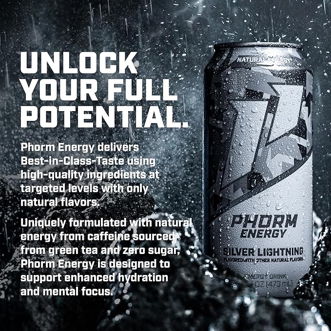 Phorm Energy Drink Silver Lightning Flavor 200 MG Natural Caffeine From Green Tea Sugar Free Carbonated Drink With Electrolytes &amp Vitamin B12 Dairy &amp Gluten Free Vegan 16 FL Oz Cans 12