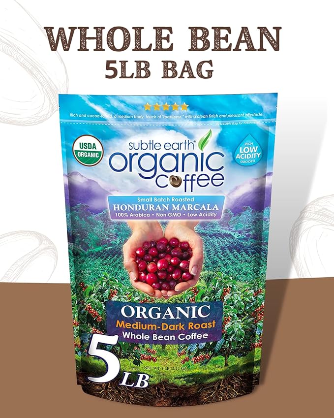 5LB Subtle Earth Organic Coffee - Medium Dark Roast - Whole Bean Coffee - 100% Arabica Beans - Low Acidity and Non-GMO - 5lb bag