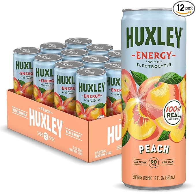 Huxley Superfruit Energy Drink Peach 90mg Natural Caffeine Electrolytes for Hydration 100% Real Ingredients 5g Organic Cane Sugar No Artificial Sweeteners or Flavors L-theanine for Sustained En