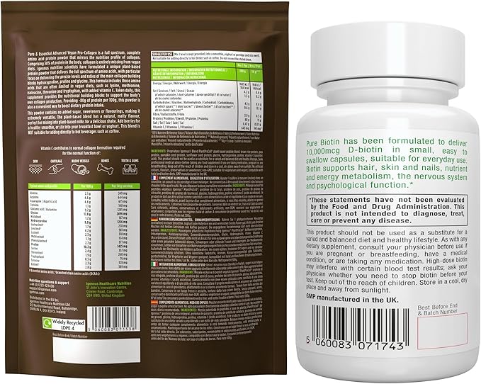 Vegan Collagen Protein Powder + Pure Biotin High Strength 10000mcg Vegan Bundle for Skin Hair &amp Nails by Igennus