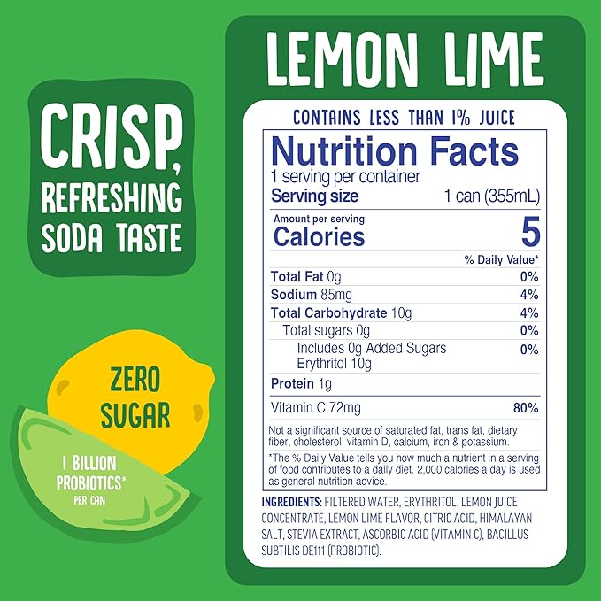 Cove Probiotic Soda Soft Drinks with Zero Sugar – Refreshing Functional Soda Alternative with Probiotics &amp Vitamin C – Naturally Flavored Caffeine-Free Sparkling Beverage - Lemon Lime 12 Pack
