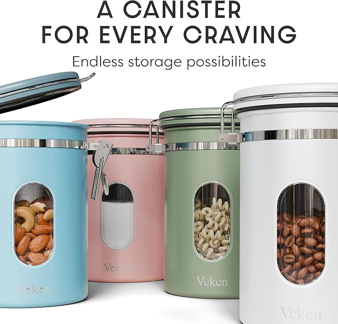 Veken Coffee Canister with Window Easter Gifts Airtight Stainless Steel Container with Lids Home Kitchen Food Storage Jars for Grounds Beans Tea Flour Cereal Sugar Basket Scoop 22OZ Pink