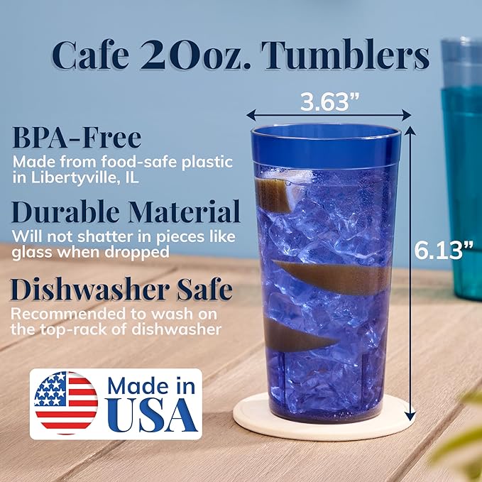 US Acrylic Cafe Plastic Reusable Tumblers (Set of 16) 20-ounce Water Cups Coastal Colors | Restaurant Style Drinking Glasses Value Set Stackable BPA-free Made in the USA | Top-rack Dishwasher Safe