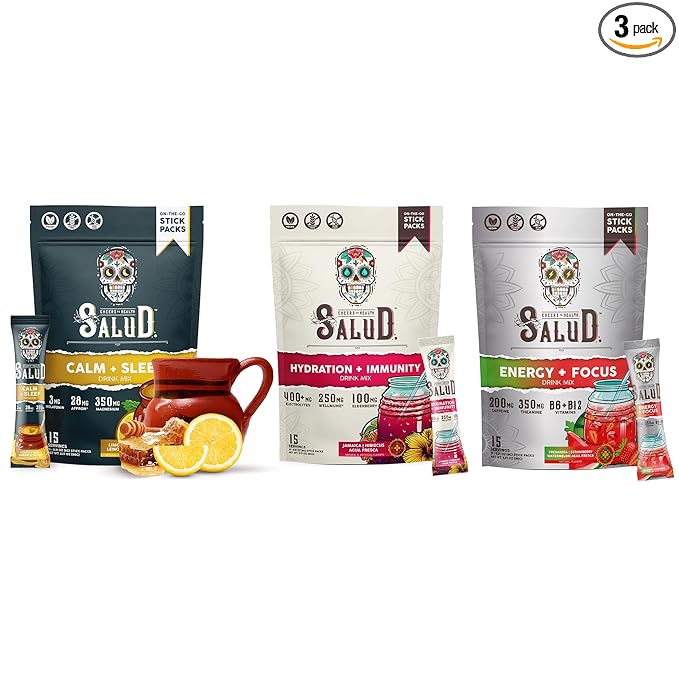 Salud Variety 3-Pack | 2-in-1 Calm + Sleep (Lemon Honey) Hydration + Immunity (Hibiscus) &amp Energy + Focus (Strawberry Watermelon) - 15 Servings Each Drink Mix Non-GMO Gluten Free Low Calorie