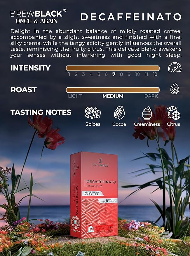BrewBlack Decaffeinato Coffee Capsules - 100 Aluminum Coffee Pods Compatible with Nespresso Original line Medium Roast - Intensity 7/12 Made in Italy