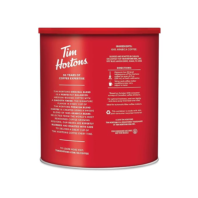 Tim Hortons Original Blend Medium Roast Ground Coffee Canada’s Favorite Coffee Made with 100% Arabica Beans 48 Ounce Canister
