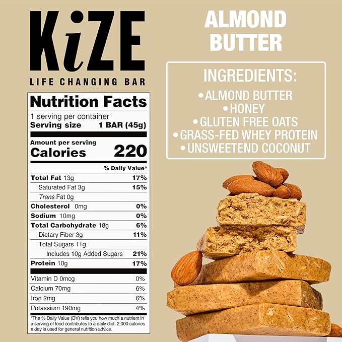 KiZE Energy Bars - Almond Butter - Almond-Butter-Based Gluten Free Non-GMO and High Protein Meal Replacement Energy Bars Clean and Simple Food Ingredients - 10g High Protein Snacks (10 Count)