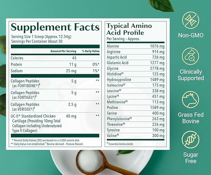 ALGAECAL Collagen - 4 Clinically-Supported Peptides VERISOL® FORTIGEL® UC-II® FORTIBONE® Anti-Aging Hydrolyzed Collagen Powder 60 Servings Made in USA