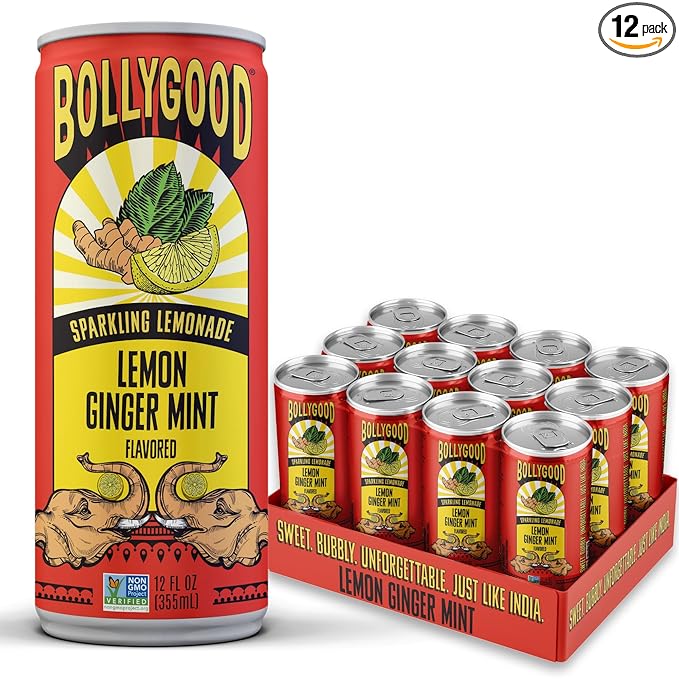 Bollygood Sparkling Lemonade Lemon Ginger Mint Indian Inspired Beverage Nimbu Pani No Artifical Colors or Flavors Non-GMO Project Verified12 FL OZ Cans (Pack of 12)