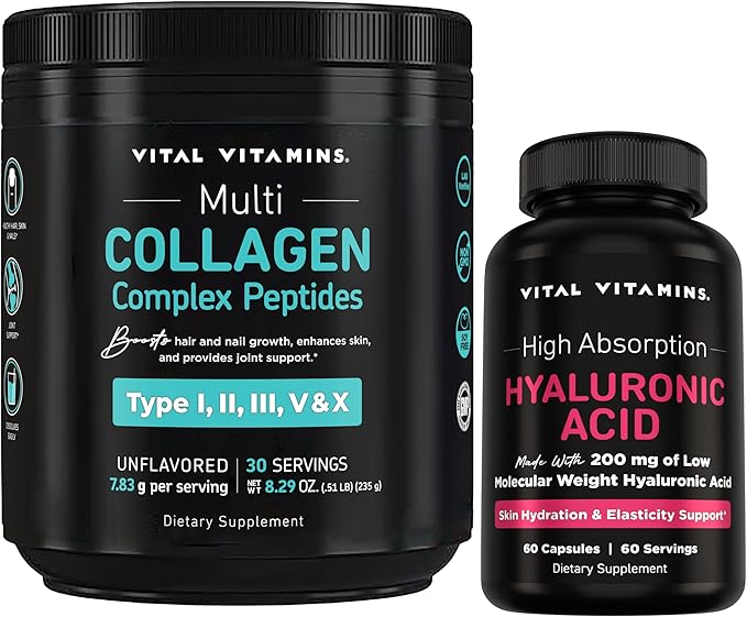 Vital Vitamins Multi-Collagen Powder 30 Servings + Hyaluronic Acid Capsules 60 ct