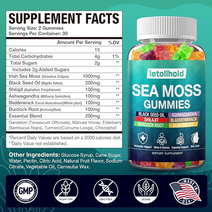 Sea Moss Gummies - Irish Sea Moss Gummies Advanced for Adults with Ashwagandha Bladderwrack &amp Burdock Root for Supports ImmuneEnergy - 60 Vegan Gummy2PCS