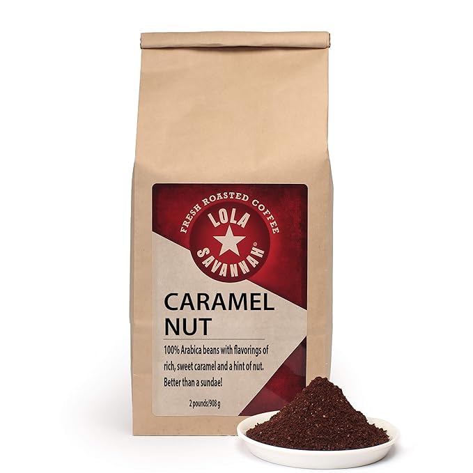 Lola Savannah Caramel Nut Ground Coffee - Sweet Creamy Carmel &amp Nuts Transform This Coffee into a Decadent Dessert | Caffeinated | 2lb Bag