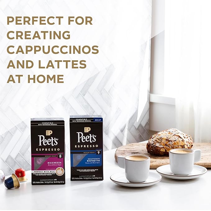 Peet's Coffee Dark and Medium Roast Espresso Capsules Variety Pack with Decaf Compatible with Nespresso Original Machine - Intensity 8-11 50 Count (5 Boxes of 10 Espresso Capsules) (Pack of 2)