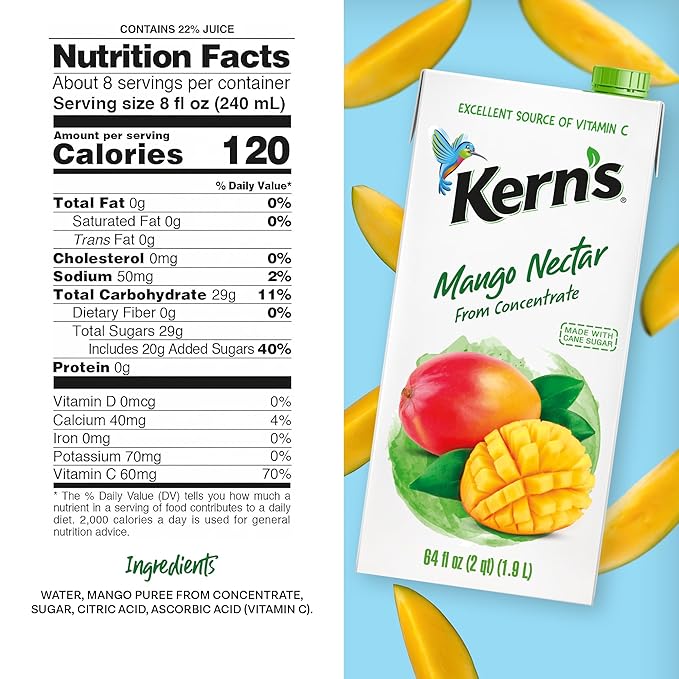 Kern’s Mango Juice Nectar - Mango Nectar Made with Fresh Fruit Puree - Tropical Fruit Juice Concentrate for Smoothie Mix Cocktail Mixers &amp Kids Drinks &amp Beverages - 64oz 8 Pack Carton