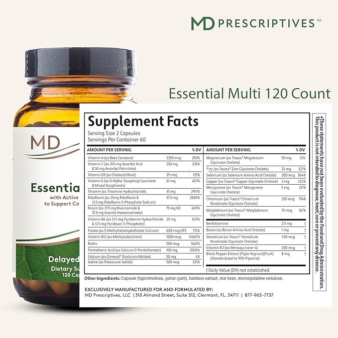 MD Prescriptives - Essential Multi (Delayed Release) - Multivitamin Mineral Complex Supplement for Enhanced Hormone Support - 120 Capsules