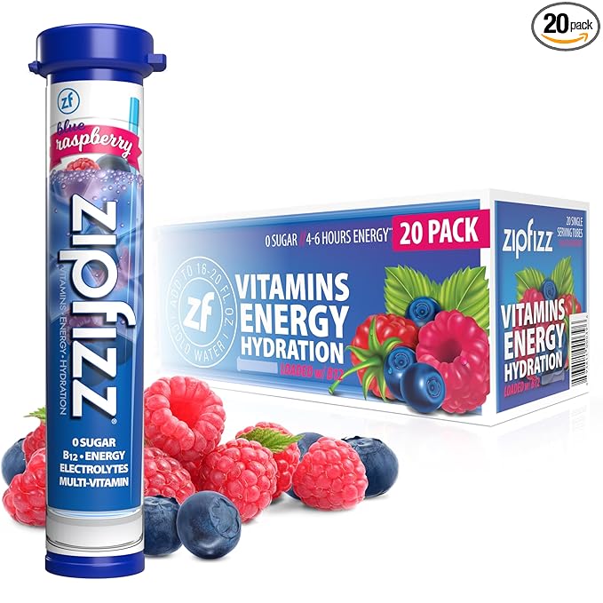 Zipfizz Daily Energy Drink Powder Blue Raspberry 20 Pack | 3-in-1 Sustained Energy Rapid Hydration and Essential Vitamins | Sugar-Free | Electrolyte Powder | Contains Vitamin B-12 &amp Antioxidan