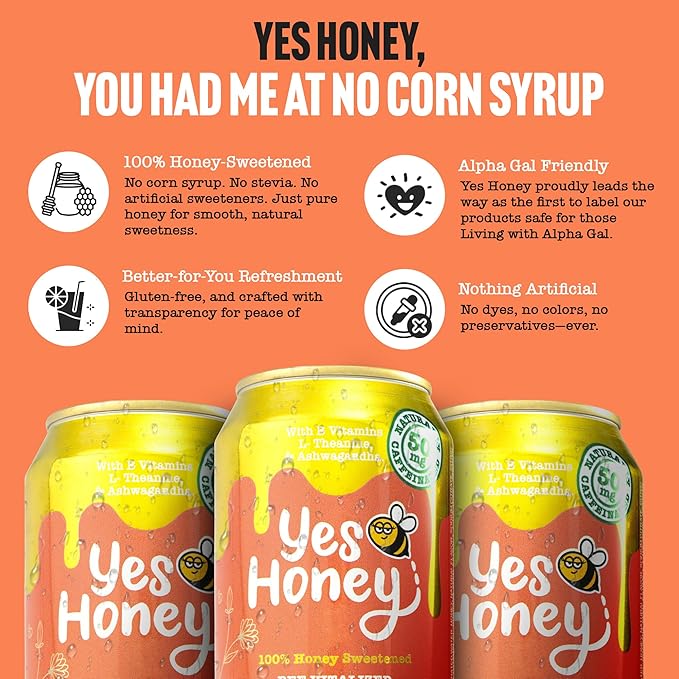 Yes Honey Sparkling Peach Tea 11oz (12-Cans) 100% Honey-Sweetened Alpha Gal Friendly Naturally Caffeinated with Green Tea with B Vitamins L-Theanine and Ashwagandha