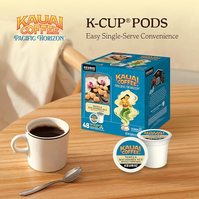Kauai Coffee K-Cup Pods for Keurig Brewers – Arabica Coffee 10% Hawaiian – Medium Roast Vanilla Beans with Toasted Macabamia Nuts – Vanilla Macadamia Nut 1 Pack of 48 Single Serve K-Cups