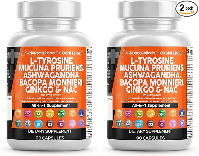 Clean Nutraceuticals L Tyrosine Mucuna Pruriens Bacopa Monnieri Ashwagandha Focus Supplement w/N-Acetyl Cysteine NAC 5-HTP Ginkgo Biloba Alpha GPC Vitamin C D B1 B12 (Pack of 2)