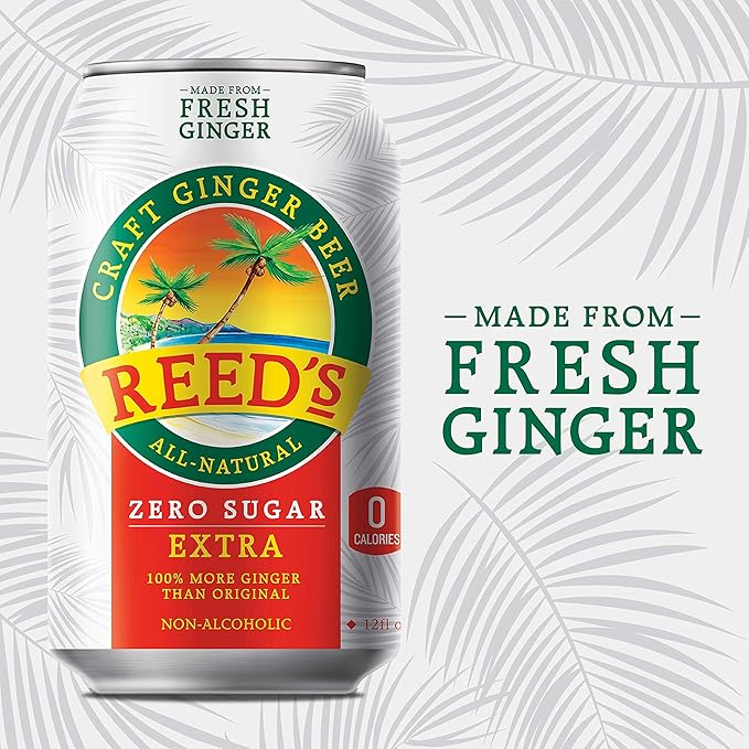 Reed's Zero Sugar Extra Ginger Beer Great Tasting Natural Craft Ginger Soda with Fresh Ginger Root (12oz Can 24 pk)