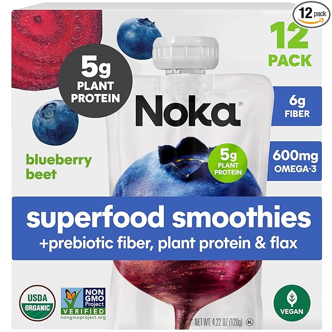 Noka Superfood Fruit Smoothie Pouches Blueberry Beet Healthy Snacks with Flax Seed Prebiotic Fiber and Plant Protein Vegan and Gluten Free Organic Fruit &amp Veggie Squeeze Pouch 4.22 oz 12 Co