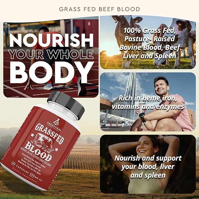 Ancestral Supplements Grass Fed Blood is Blood Liver &amp Spleen Formula 500mg Grass Fed Beef Supplement Red &amp White Blood Cell Formation Immune and Heart Health Support Non GMO 180 Capsul
