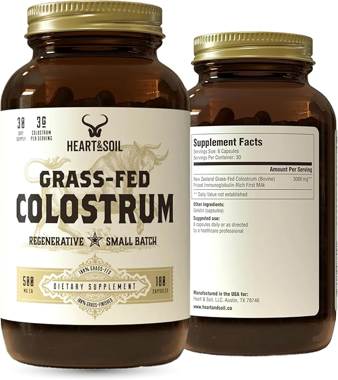 HEART &amp SOIL 100% Grass Fed &amp Finished Colostrum Supplement from Regenerative Cattle for Gut Muscle &amp Immune Health – 3000mg Bovine Colostrum Capsules - Gut Health for Men &amp Women –18