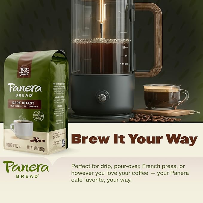 Panera Dark Roast Ground Coffee - Bold Breakfast Brew with Dark Chocolate Finish - 100% Arabica Beans Sustainably Sourced - Kosher Dairy-Free - Cafe Quality for Home Brewing 12oz Bag Pack of 6 (72o