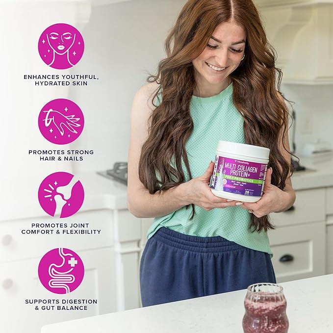 Multi Collagen Probiotics for Women Prebiotics Protein Powder | 20g Collagen Peptides Hyaluronic Acid Vitamin C &amp Fibersol Prebiotic Support Skin Elasticity Digestion Gut Health Unflavored 20 Serv