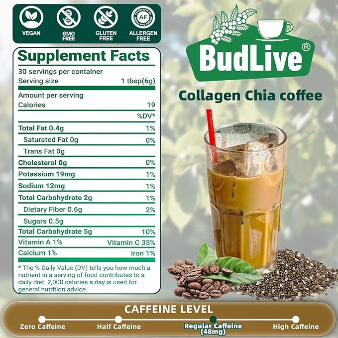 20X Collagen Chia Coffee 11 in 1 Chia Coffee Mix with Collagen &amp Chia Seeds Goji Berry Supports Hair Skin &amp Nails Sugar Free Vegan Gluten-Free 30 Servings 2PACK