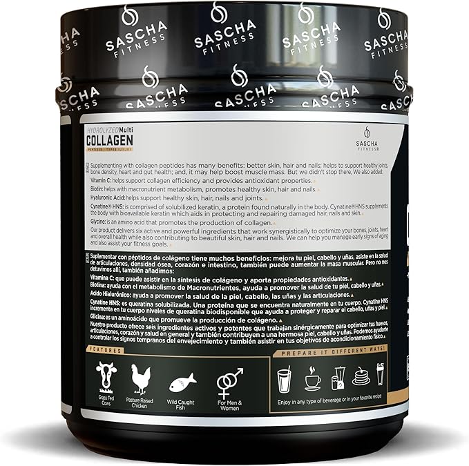 SASCHA FITNESS Hydrolyzed Multi Collagen Peptides Tipes 12 &amp 3 |Hyaluronic Acid|Biotin |Cynatine HSN|Vitamin C &amp E |for Hairs Skin &amp Bone Support|Caramel Macchiato