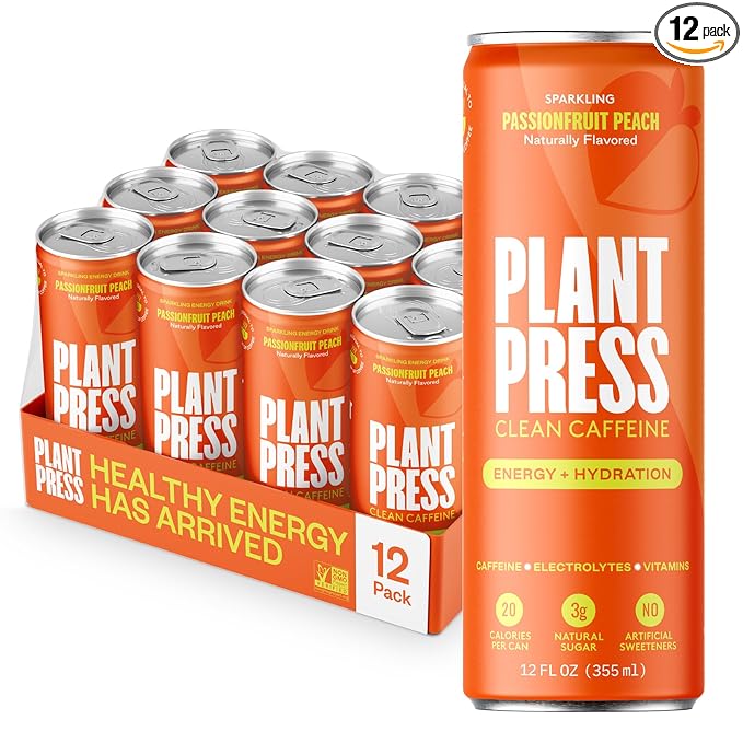 Plant Press - Organic Energy Drink 100 mg Caffeine Clean Coffee Alternative Full Range of Vitamins Electrolytes No Sugar Alcohols No Preservatives - Passionfruit Peach (12 Fl Oz 12 Pk)