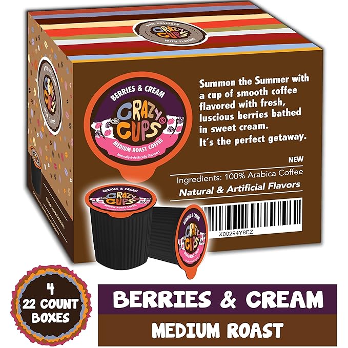 Crazy Cups Flavored Coffee Pods Berries &amp Cream Single Serve Keurig K Cups Machines Hot or Iced &amp Medium Roast Coffee in Recyclable Pods (88 CountPack of 4)