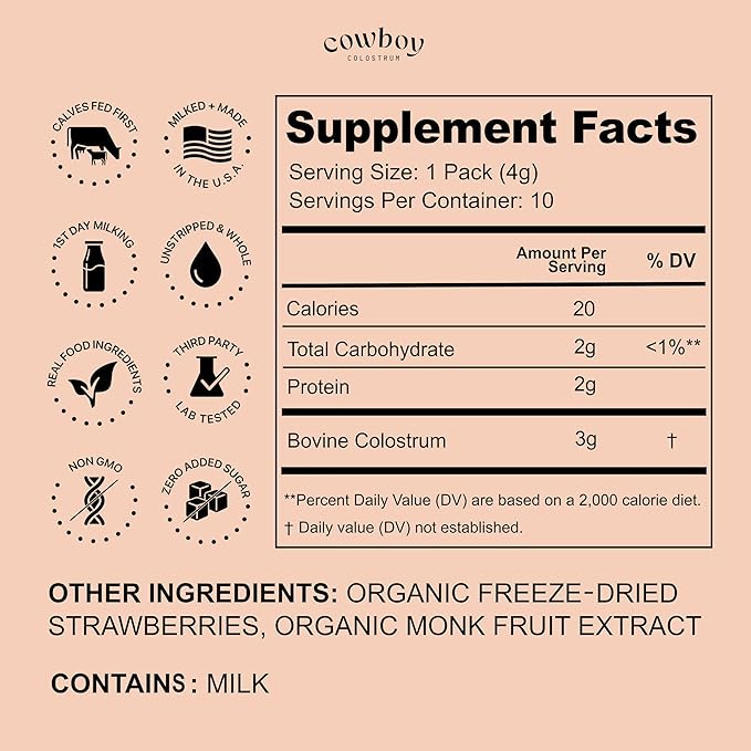 COWBOY - The Exclusive 1st Milking Whole Grass Fed Colostrum Supplement for Full Body Health - Bovine Colostrum Powder Packed w/Bioactive Nutrients (10 Travel Packs - Strawberry)
