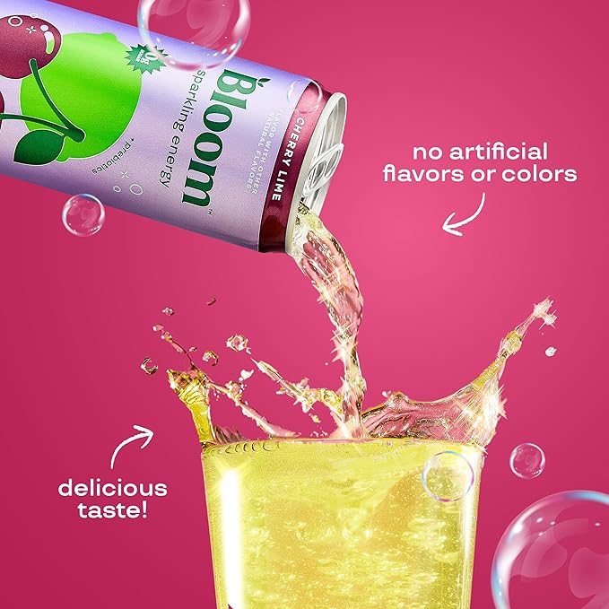 Bloom Nutrition Sparkling Energy Drink for Focus Natural Caffeine Zero Sugar 180mg Caffeine Antioxidant-Rich with Green Coffee Bean Green Tea Extract &amp Prebiotics Cherry Lime 12oz 24 Pack